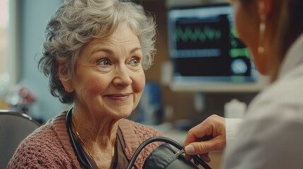 Senior woman smiling during medical check up with doctor, showcasing care and attention