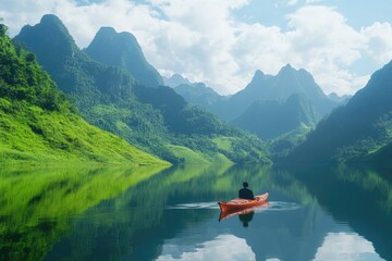 A person paddling a bright red canoe on a calm lake, surrounded by nature