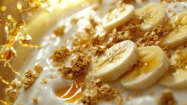 Delicious breakfast bowl with yogurt, banana slices, and granola, creating vibrant and nutritious start to day