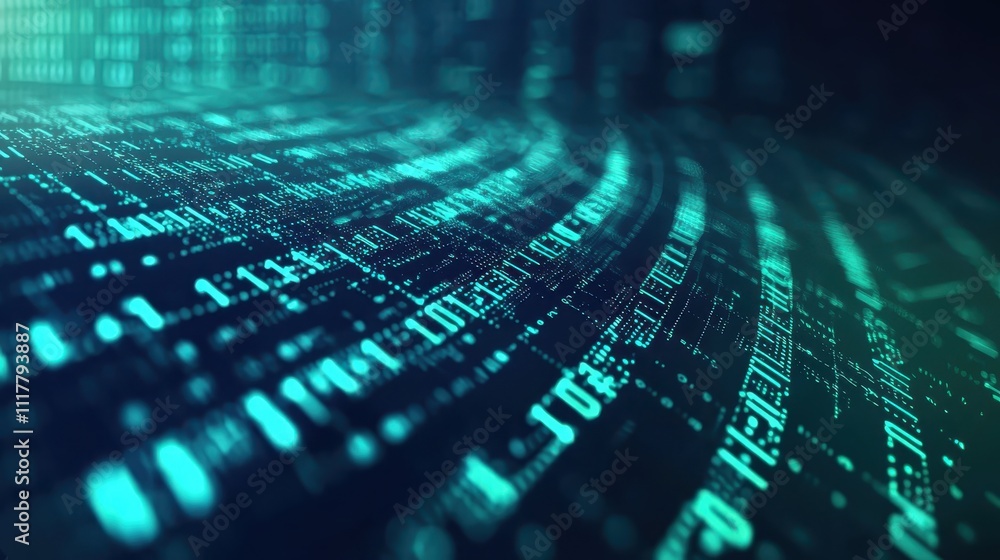 Poster abstract digital river of glowing binary sequences flowing in a futuristic landscape