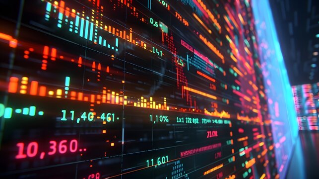 A digital display of data visualizations and analytics in a futuristic setting. - Powered by Adobe