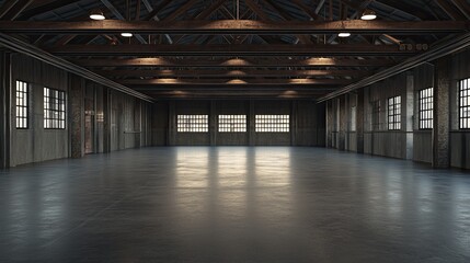 Industrial Empty Warehouse Interior with Open Space and Windows