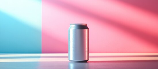 A silver can on a white surface against a blue and pink background.