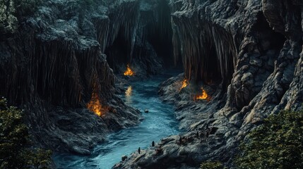 macro close up of a river flowing in the middle of a rocky cliff.