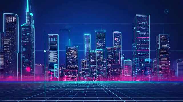 cityscape with space and neon light effect. Modern hi-tech, science, futuristic technology concept. Abstract digital high tech city design for banner background
