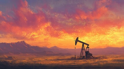 Naklejka premium Oil pump jack silhouette in a vast desert landscape, glowing sunset sky with vivid colors, symbolizing extraction work