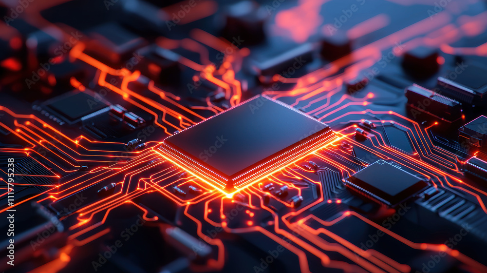 Poster close up view of glowing microchip on circuit board, showcasing intricate details and vibrant colors