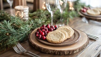 A rustic table setup with cookies served on a wooden plate, surrounded by fresh cranberries and greenery