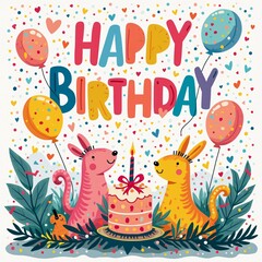Fototapeta premium Whimsical Birthday Celebration, Colorful Animals, Balloons & Cake Illustration
