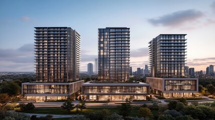 Obraz premium Modern Urban Skyline with Stunning Architecture at Sunset