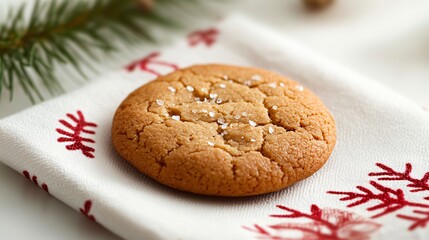 A single cookie resting on a festive napkin, isolated on a soft white background with subtle holiday accents