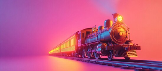 Fototapeta premium A stylized vintage steam train on glowing tracks against a vibrant gradient background.