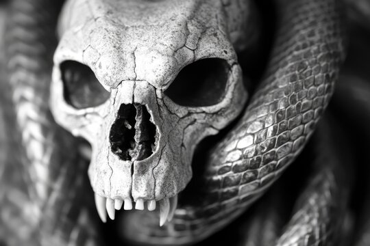 A close-up shot of a skull with a snake wrapped around it, in black and white