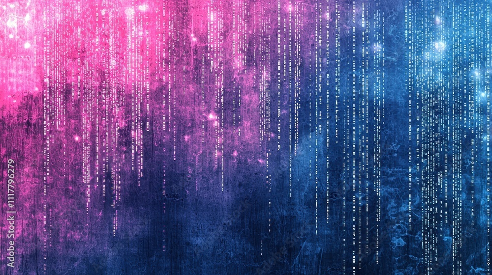 Poster abstract digital river of glowing binary sequences in vibrant colors