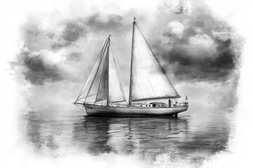 A monochrome illustration of a sailboat on calm waters under a dramatic sky.