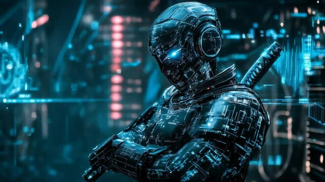 Futuristic cyberpunk ninja with glowing blue eyes stands with arms crossed, holding a katana. Digital data streams in the background of a dark city