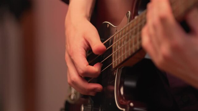 Man playing an electric bass guitar - isolated close up of his hands, strings and instrument
