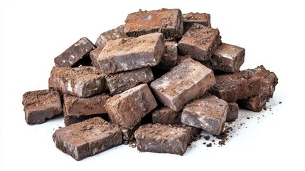 Pile of dirt-covered bricks, arranged chaotically with visible grime, isolated against a white background