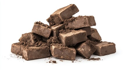 Pile of dirt-covered bricks, arranged chaotically with visible grime, isolated against a white background