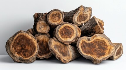 Pile of firewood logs with rough edges and circular cuts, creating a natural aesthetic against a white background