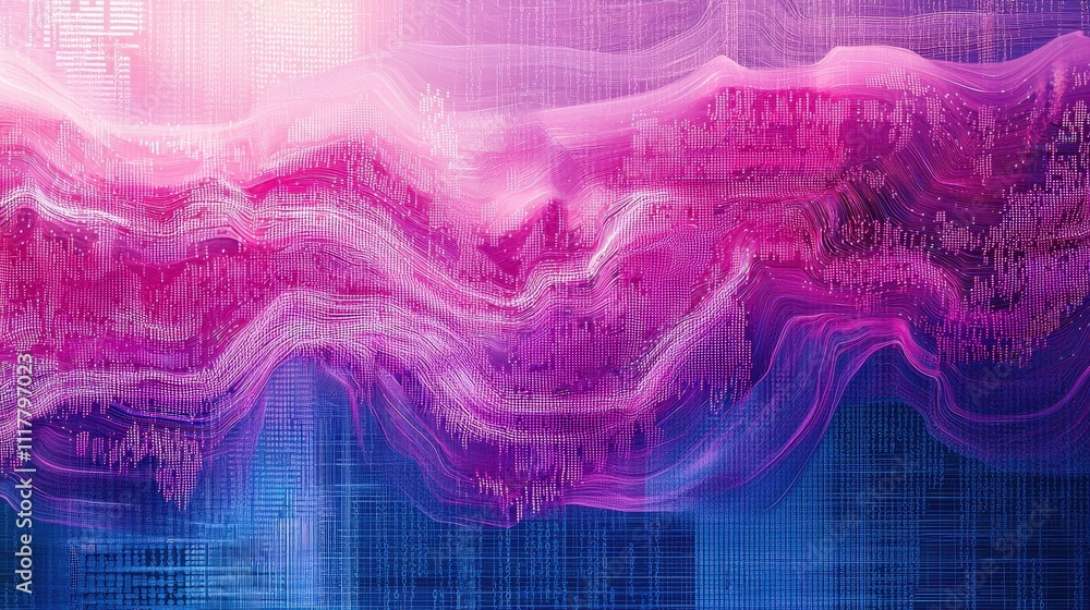 Poster abstract digital artwork of glowing river of binary sequences in vibrant colors and textures