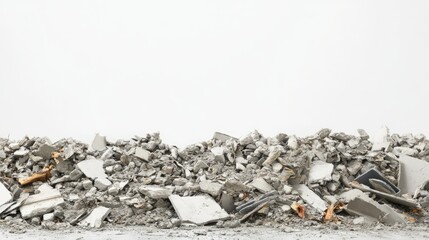 Piles of cement debris and scattered construction waste, arranged chaotically on a clean white background
