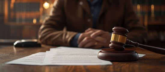 A gavel rests on a wooden table with documents in front of a blurred image of a man with his hands clasped in front of him.