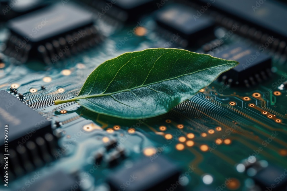 Aufkleber a small green leaf is perched on top of a computer circuit board, highlighting the unexpected juxtap