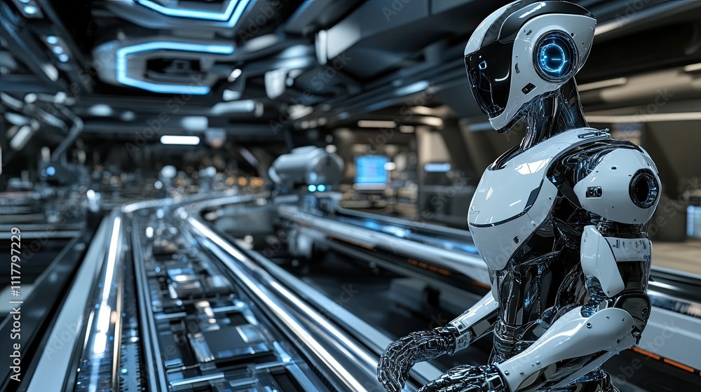 Poster futuristic robot in high-tech environment on production line
