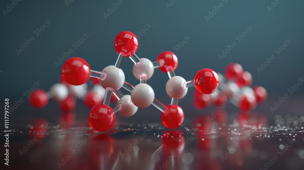 Poster 3d rendering of a molecular structure with red and white spheres connected by transparent rods.