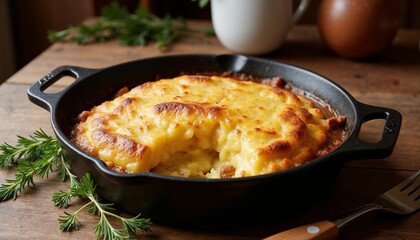 Scandinavian Janssons frestelse casserole in a cast-iron skillet with golden-brown top and minimal garnish