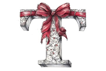 Ornate letter T decorated with a red ribbon bow.