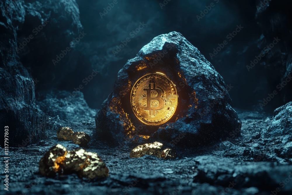 Aufkleber a large rock with a gold bitcoin on top of it. the coin is a bitcoin symbol. the image has a dark an