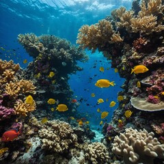Fototapeta premium A view of a coral reef from underwater, with colorful fish swimming among the corals.