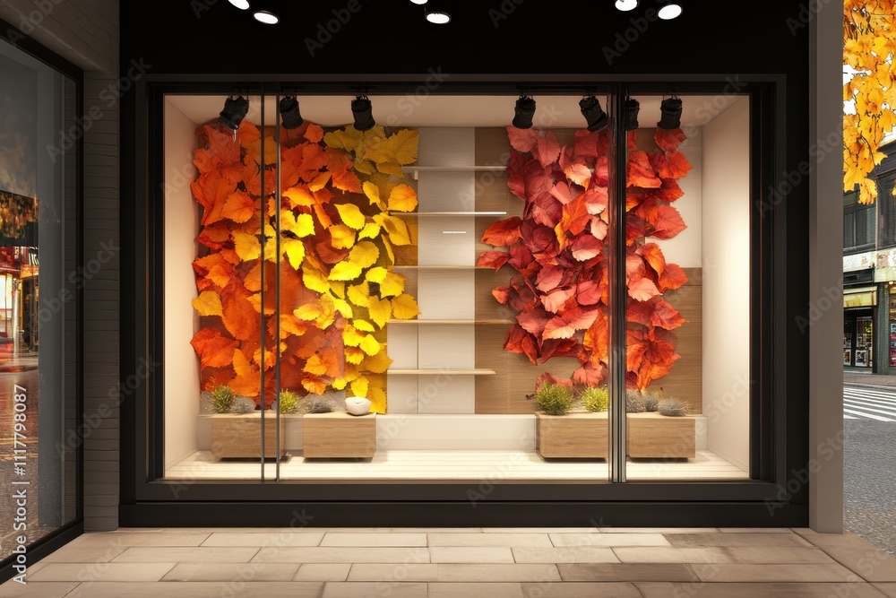 Poster a window display with a large number of fake leaves in various colors. the display is in a store win