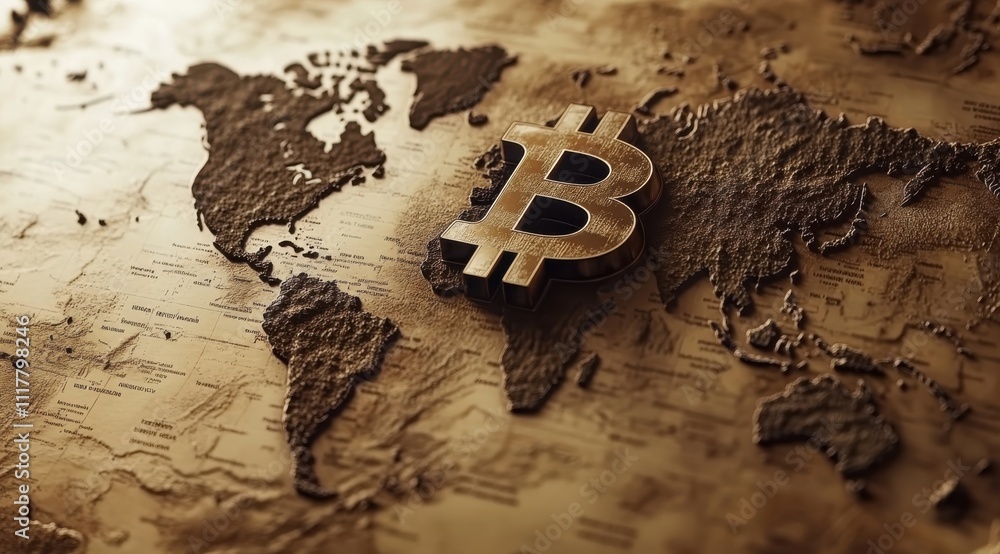 Poster a map of the world with a gold bitcoin logo. the coin is placed on the map in a way that it looks li