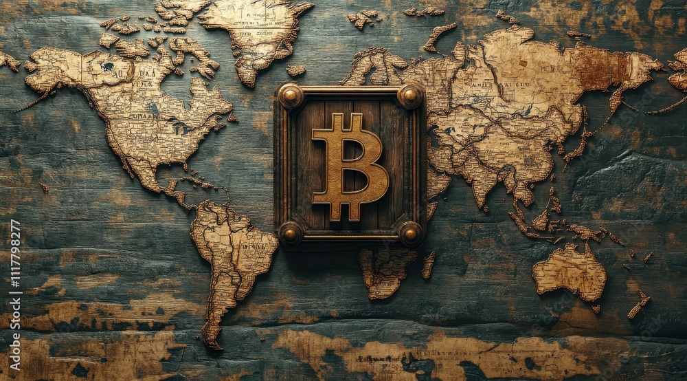 Poster a wooden frame with a map of the world and a bitcoin logo on it. the bitcoin logo is surrounded by a