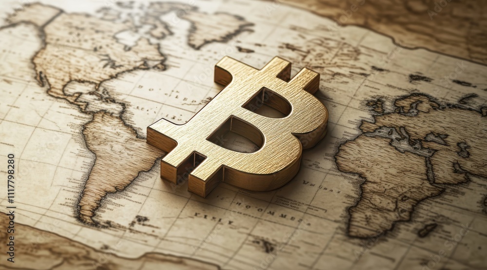 Poster a gold bitcoin logo is placed on a map of the world. the coin is surrounded by a border and he is a 