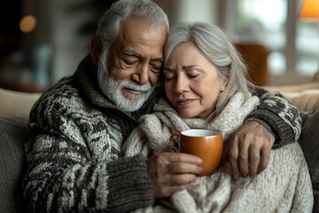 Fototapeta premium Senior interracial couple sharing comfort and warmth during a cold, with tea and a warm compress. Heartwarming scene of illness care featuring love, support, and gentle recovery. 