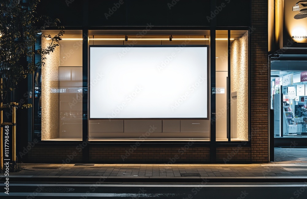 Poster a large white sign is displayed in front of a brick building. the sign is empty and the window is op