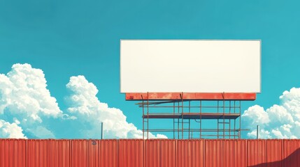 A white billboard sits on a scaffold in front of a red fence. The sky is cloudy and the fence is red. Empty space for logo or text, mockup