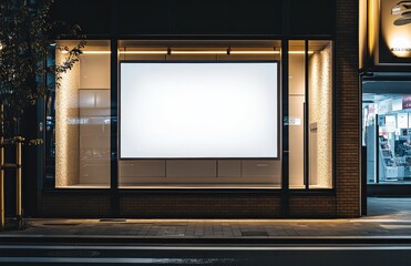 A large white sign is displayed in front of a brick building. The sign is empty and the window is open. Empty space for logo or text, mockup