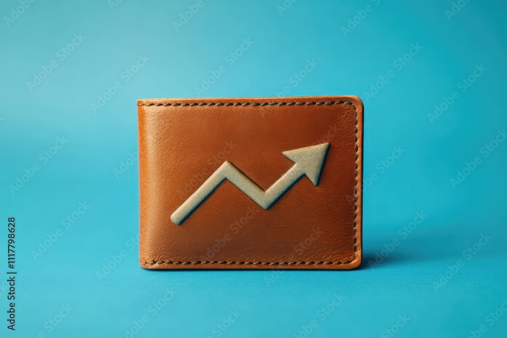 Poster a brown wallet with a graph of a rising arrow on it. the wallet is on a blue surface. concept of pri