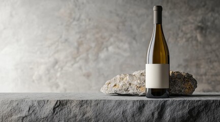 A bottle of wine is on a stone ledge. The bottle is white and has a label on it. The stone ledge is grey and rough. Empty space for logo or text, mockup