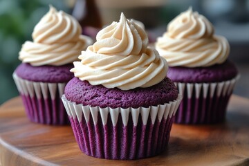 Freshly baked cupcakes on a wooden board, perfect for desserts or parties