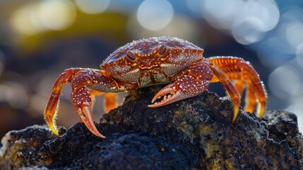 A crab perched on the edge of a rocky outcropping, looking out at the surrounding environment