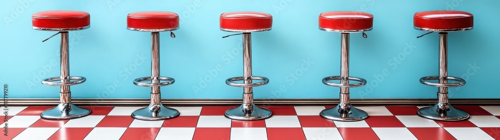 Poster five red stools are lined up against a blue wall. the stools are all the same height and are placed 