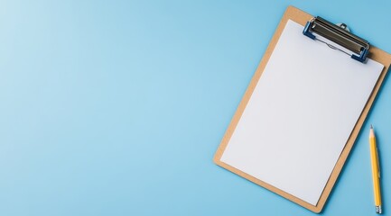 A clipboard with a pencil on it sits on a blue background. The clipboard is empty, and the pencil is yellow. Concept of organization and productivity. Empty space for logo or text, mockup