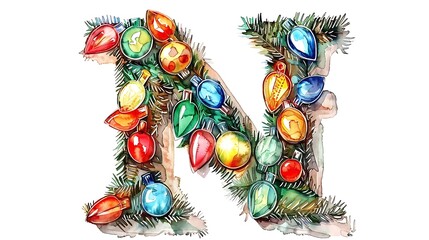 Watercolor Christmas letter N decorated with lights and pine branches.