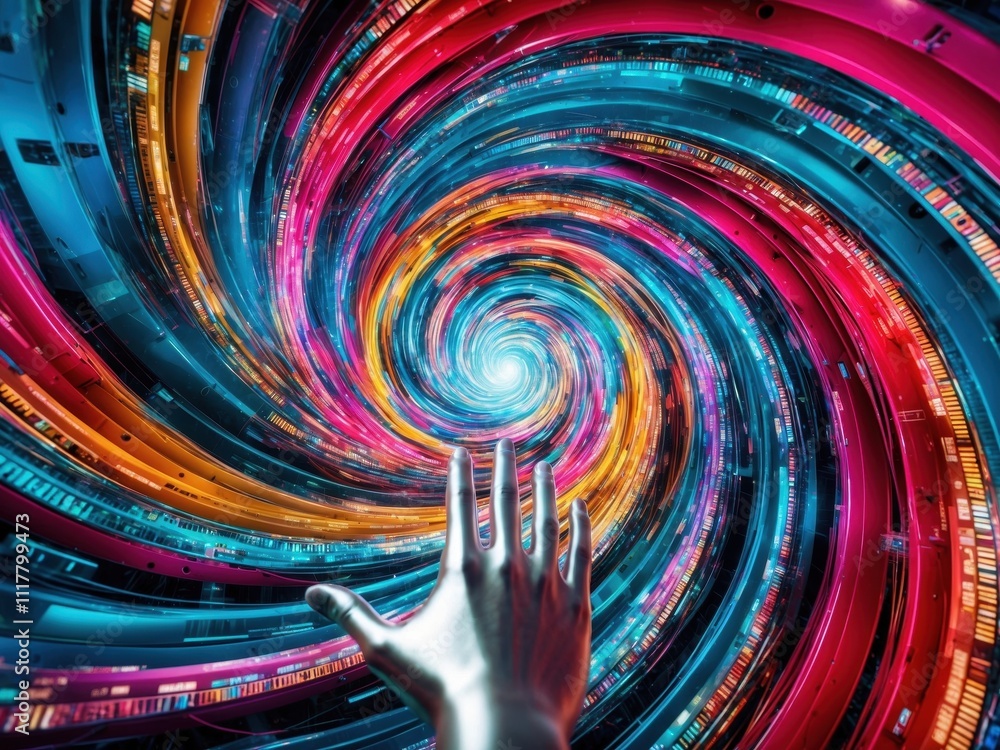 Aufkleber closeup of a swirling vortex made of colorful particles, symbolizing dynamic motion and digital art